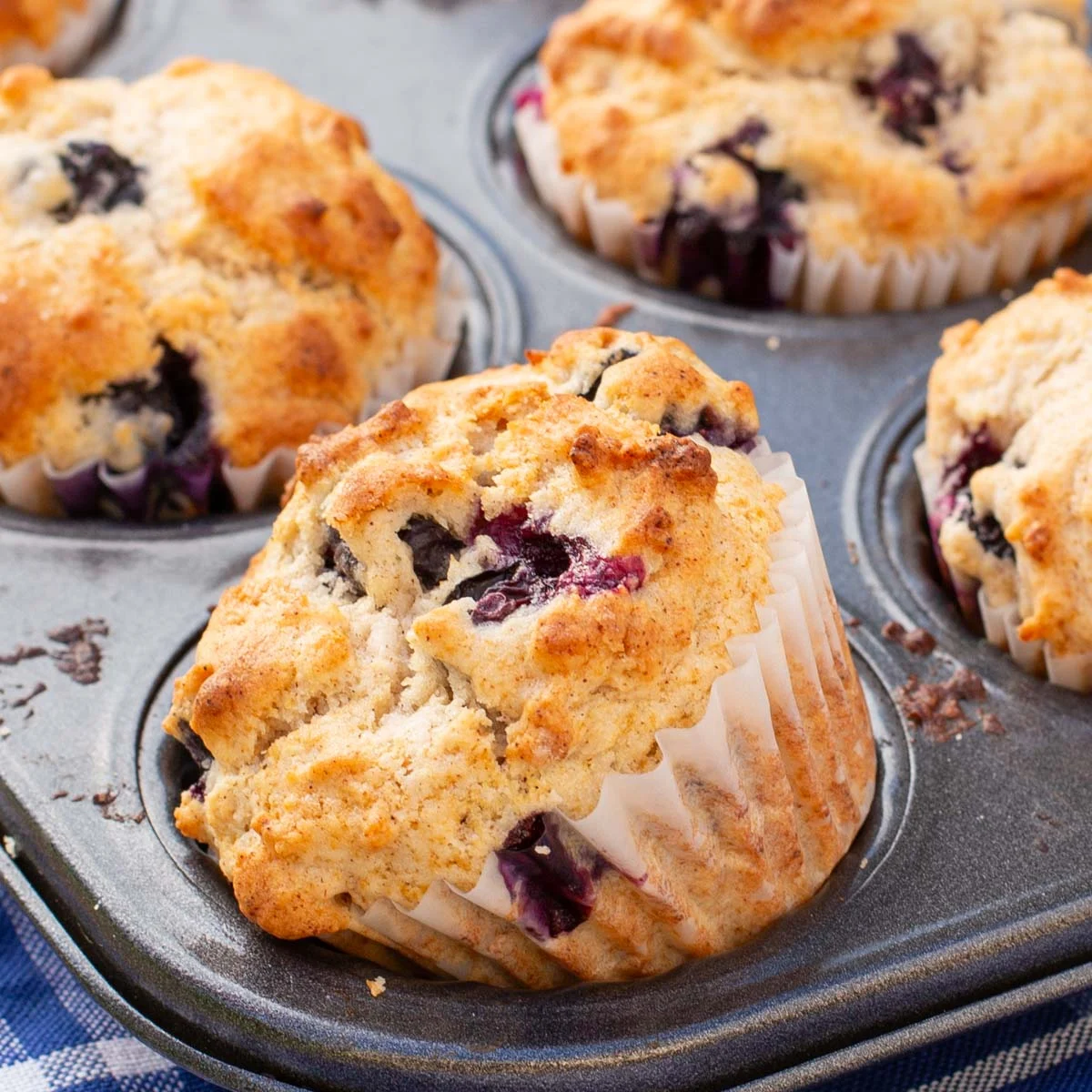 Four blueberry muffins in a muffin tin with cracked domed tops and visible blueberries
